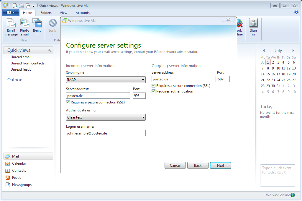 Help How do I set up Posteo in Windows Live Mail? posteo.de